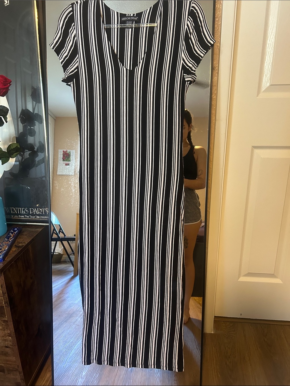 American Dream Black & White Vertical Stripe V‑Neck Maxi Dress
